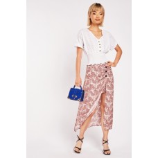 Button Trim Paisley Midi Skirt